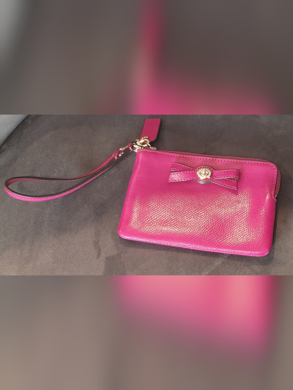 Coach Hot Pink Leather Wristlet with Bow Detail